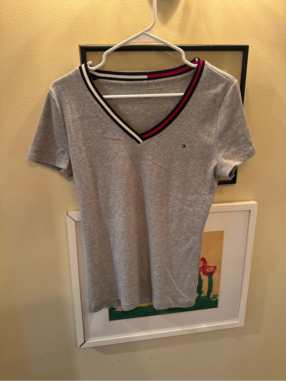 Tommy Hilfiger Heather Gray V-Neck Tee with Navy & Red Trim